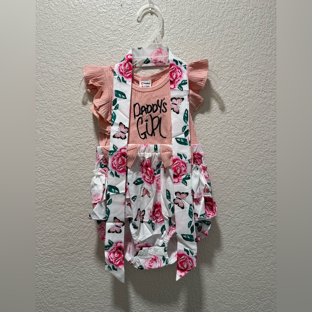 PatPat Pink Floral Baby Girl One Piece “Daddy’s Girl” with Headband - Size 9-12M